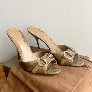 GUCCI Crystal Horsebit GG Heeled Monogram Gold Stiletto Mules